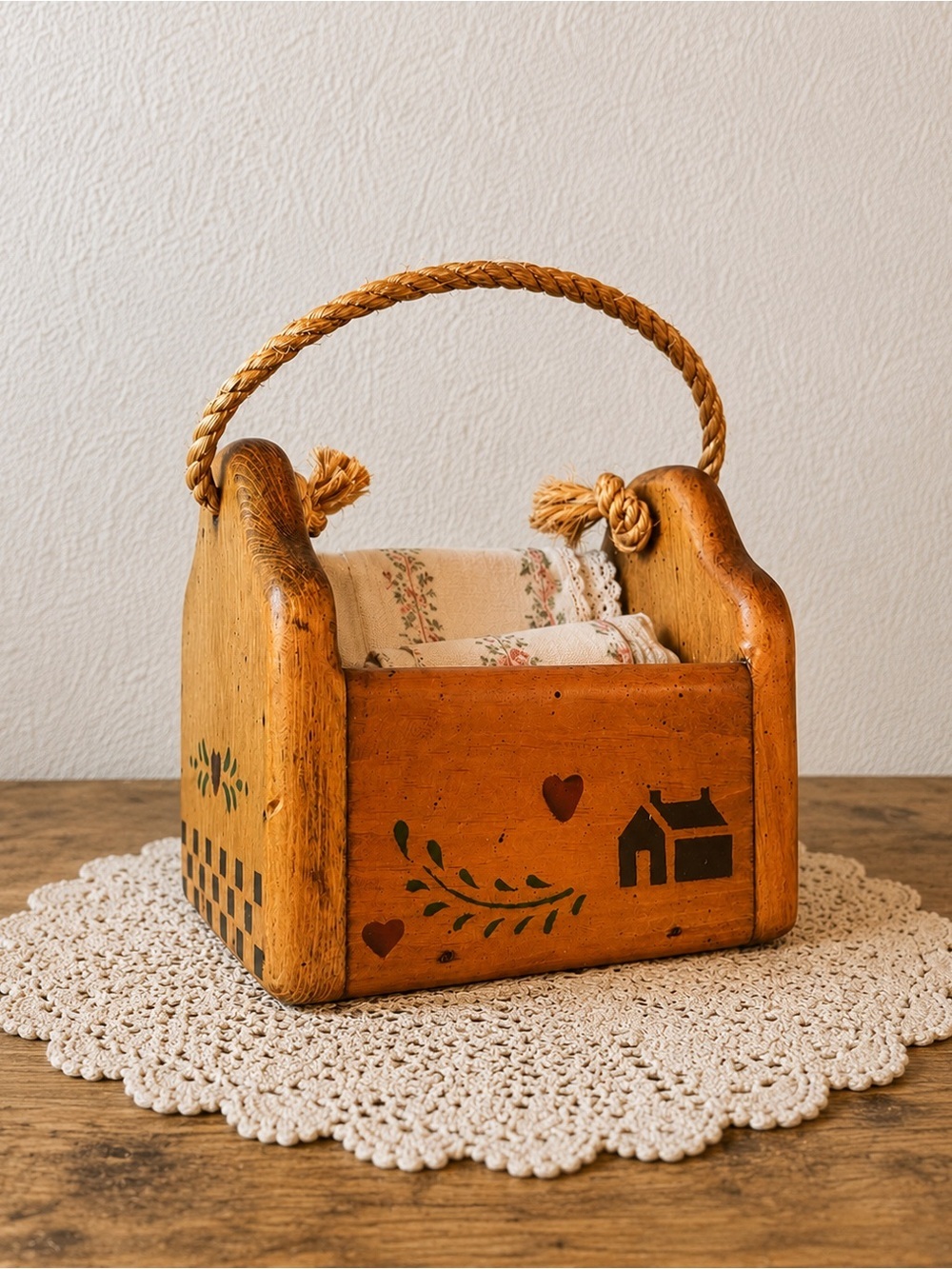 Hand-Painted Rustic Wooden Caddy in Warm Honey Brown by